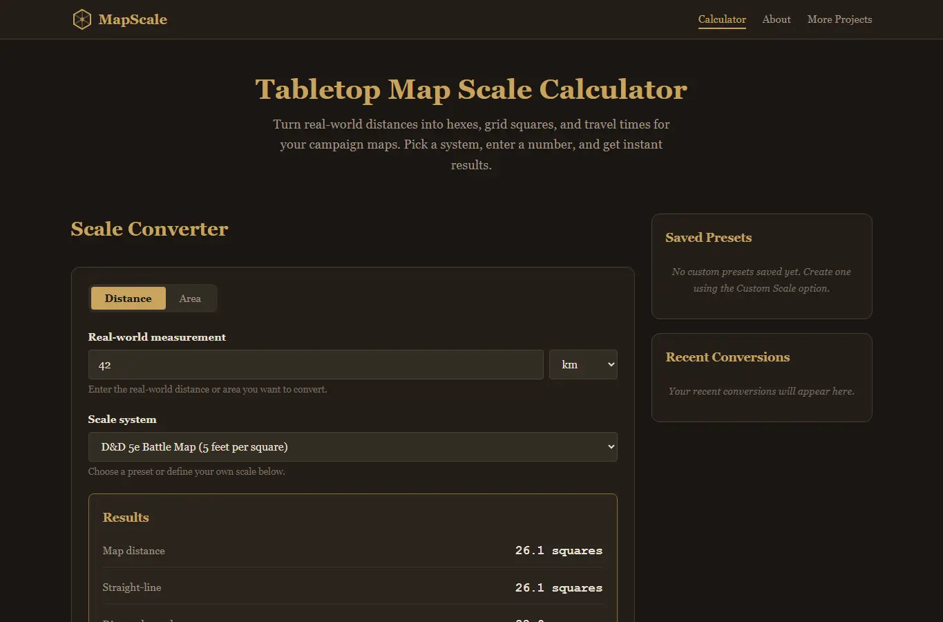 Screenshot of Tabletop Map Scale Calculator interface showing the project page in use